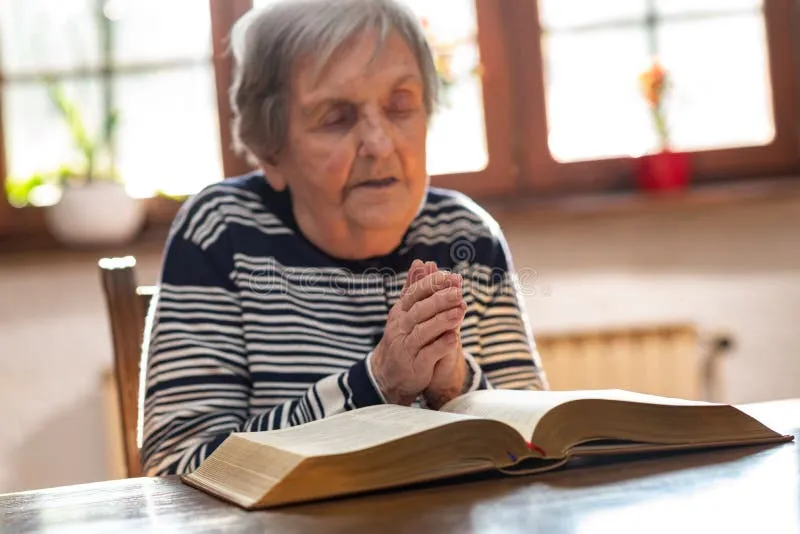 Elderly person in a serene, faith-inspired setting